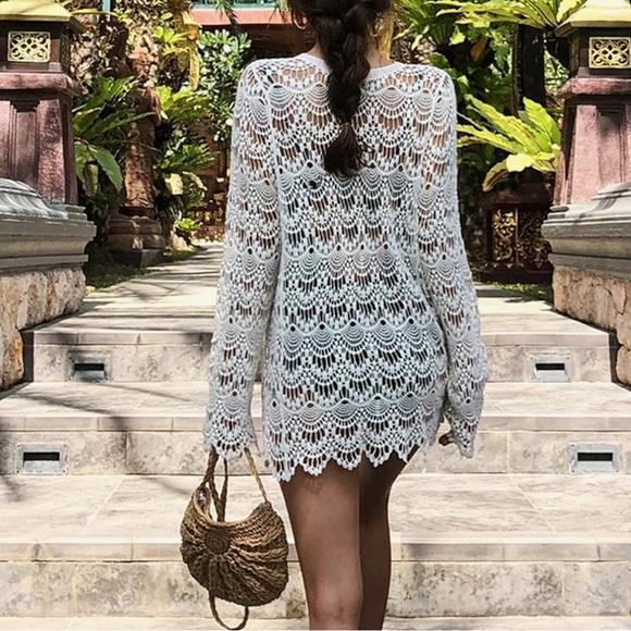 Unique Vintage Dresses & Skirts - Boho White Lace Beach Patterned Knit Cut Out Swimwear Cover Up V Neck dress